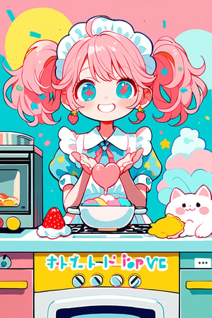 1girl,vtuber anime character design,
adorably kawaii girl cooking in a pastel pink kitchen. She wears a puffy-sleeved dress with a heart-patterned, frilly gingham apron in baby blue and white. Her rosy cheeks dimple as she smiles sweetly, eyes sparkling like stars. Fluffy pigtails tied with oversized polka-dot bows bounce as she stirs a bowl. Colorful, star-shaped sprinkles float magically around her. She wears strawberry-shaped earrings and a cupcake necklace. The kitchen is decorated with smiling anthropomorphic utensils and appliances. A happy sun peeks through heart-shaped windows. Pastel rainbow-colored cupcakes cool on the counter. Tiny, kawaii animals in chef hats assist her,

LOVE+PIECE+ICECREAM! The fancy I'm looking for all over the world Holding a sweet,
 melting miracle in your hands LOVE...CHOP!! ,
L・O・V・E・&・P・E・A・C・E・& Our HOT and COOL DIVA！,
HEY! You KNOW! Ice cream! How great! Mellow and Glow LIKE A Fever！
 Kissable and solid flavor！,
 fighting is NO-GOOD!
 Topping strawberry with love Boring! 
The important thing is These are the three things I'm going to tell you!,………LOVE+PIECE+ICECREAM！
,anime style,anime girl,future0615