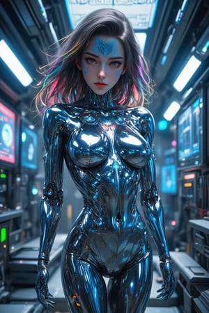 A sleek female cyborg with a mirror-polished chrome body, reflecting its surroundings. Feminine curves accentuate its robotic form. Vibrant, multicolored cables extend from its head like hair, flowing in various directions. Intricate, glowing blue-white tattoos cover the cyborg's metallic skin,tattoos body,creating complex patterns and circuitry designs. The tattoos pulse with a soft, ethereal light. The cyborg stands in a futuristic laboratory setting, surrounded by holographic displays and advanced technology. Its eyes emit a gentle, intelligent glow. Hyperrealistic details, 8K resolution, ray tracing, cinematic lighting,\mechako\, QTGIRLREAL,REALNIME,FluxGothicRealnime