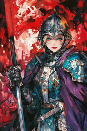 Dramatic anime-style watercolor painting of a female general in battle, Middle-aged woman, piercing, stern gaze, blonde warrior in turquoise scaled armor, silver ornate helmet with spiral patterns and blue jewels, determined expression, fiercely wide blue eyes, holding a banner embroidered with an abstract design of dragons, purple cloak billowing dramatically. Background: Fiery reds and crimsons suggesting fierce battle, creating an ominous atmosphere. Color palette: cool blues and teals for character, warm reds and golds for background. Lighting: dramatic, highlighting the contrast between character and chaotic surroundings. watercolor-style, medieval x, fantasy girl, lyh_niji