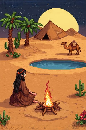 Pixel art scene of a vast desert oasis at dusk. A young nomad girl with long black hair and striking green eyes sits by a small campfire. Her traditional robes flow in earthy tones. Palm trees and a small pool reflect the setting sun. The girl's tent is nearby, made of weathered fabric. A camel rests in the background. The sky transitions from deep blue to orange, with pixelated stars appearing. Cacti and desert flowers dot the landscape.,pixelartsd3