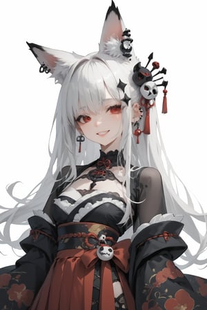 (score_9,score_8_up,score_7_up,)1Girl,animal fox ears,red eyes,long pure White hair,red skirt,goth style luxury layered kimono,hair ornament,upper body,v,smile,goth girl,sagawa,garter straps