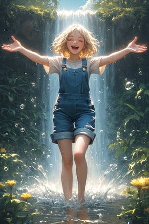 1Girl,Radiant scene of an American girl, in overalls standing under a majestic waterfall,Golden sunlight filtering through mist, creating rainbow prisms. Girl with wet blonde hair and freckles, laughing with joy. Overalls clinging to her form, soaked by cascading water. Bare feet on mossy rocks. Surrounding lush greenery glistening with spray Powerful water flow creating white foam and sparkling droplets,濡れた体、濡れた衣服, Ethereal glow enveloping the scene. Girl's outstretched arms embracing the natural power. Background of towering cliffs and blue sky peeking through trees. Photorealistic style capturing the vibrancy of youth and nature's beauty."