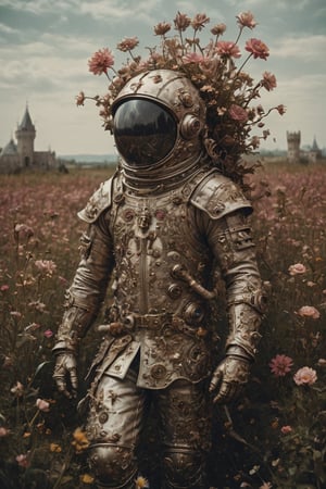 beautiful bizarre,The Art of Kris Kuksi,Intricate Design,Aphrodite, 
A person whose head is a tank turret,wears the coat of a medieval nobleman,
,action figure,LimbusCompany_Dante,astronaut_flowers,flower Field