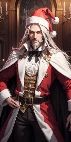 masterpiece,best quality,ultra-detailed,High detailed,picture-perfect face,man,no beard,white hair,confident,long hair,curly hair,red glowing eyes,fangs,alucardcastlevania,castlevania,infront of gothic castle,red and black vamipere attire,cape,ornate and intricate,gold trim,belt,(SantaClauscap,long white fake beard:1.2),epic pose,fantasy,steampunk,inside cloctkower,enormous cogwheels,machinery,levers