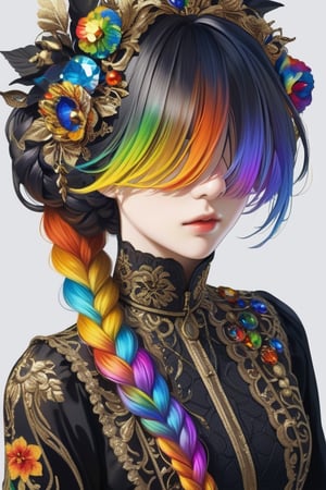 ultra Realistic,1 Girl,((hair over eyes:1.5)), with crazy alternate hairstyle, amazingly intricately hair,colorful color hair, each braid painstakingly created,decorated with delicate accessories and beads, hair dark gold and black in color,aesthetic,Rainbow haired girl ,elegg