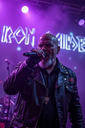 Intense close-up of bald metal vocalist, performing on stage with passionate expression,large body
, Skin head gleaming under dramatic purple stage lights, Wearing weathered black leather jacket with metal studs and patches, Grey beard adding to veteran metal performer appearance, Gripping microphone intensely with black leather gloves, Face showing raw emotion during powerful vocal performance, Purple and blue stage lighting creating dramatic shadows and highlights, Background features large "RIP IRON MAIDEN" text in classic metal font illuminated in white light, Visible drum kit and stage equipment silhouettes behind, Metal studs on jacket catching stage lights, Expression captures genuine emotional tribute performance, Lighting emphasizes sweat and intensity on performer's face, Stage atmosphere thick with fog and dramatic lighting effects, Overall composition captures raw energy of live metal performance,grungeartxhan83