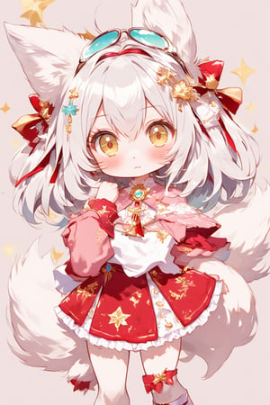 Cute anime-style kemono character, young girl with animal features. White fluffy fox ears and tail. Long silver-white hair. Large golden eyes with a curious expression. Wearing a red and pink outfit with frilly details. Red headband with goggles. Furry paws instead of hands. Chibi proportions with a large head and small body. Soft, pastel color palette. Slight blush on cheeks.looking slightly to the side. Kawaii style, highly detailed, digital art,Chibi-chan