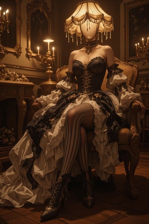 An elegant figure with a decorative table lamp as her head, wearing an extravagant rococo-style dress, ornate fabric in striped black and ivory pattern with elaborate ruching and pleating, dress featuring asymmetrical design with dramatic bustle and layered ruffles, detailed black lace trim and pearl embellishments throughout, lamp shade head designed with vintage pleated fabric in cream and gold tones, delicate crystal beads and tassels hanging from the shade's edge, warm light glowing from within the shade creating ethereal ambient effect, striped stockings with intricate lace pattern, ornate Victorian boots with detailed embroidery and pearl buttons, posed in a graceful sitting position on an antique baroque chair, setting in a luxurious rococo-style room with ornate wallpaper and gilded mirrors, hardwood flooring with detailed parquet pattern, vintage furniture and decorative elements visible in background, professional interior photography lighting with warm ambient glow, ultra high-resolution showing intricate fabric textures and antique finishes, cinematic color grading emphasizing vintage aesthetic,1girl,faceless mannequin