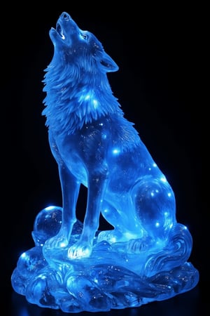 Translucent ice resin figure of a howling wolf, illuminated from within. Intricate details capturing the wolf's fur, facial features, and muscular structure. Figure posed with head tilted upward, mouth open in a howl,

Blue LED lights embedded inside, creating an ethereal glow that mimics the starry effect in the original image. Light diffuses through the semi-transparent resin, highlighting the wolf's form and creating a celestial atmosphere,
Tiny fiber optic strands integrated throughout the sculpture, representing stars and cosmic energy. These strands extend beyond the wolf's outline, suggesting a connection with the universe.
Base of the figure designed to resemble a swirling galaxy, with embedded lights and glitter to create depth and movement,
Resin mixed with subtle shimmering particles to enhance the magical, star-like quality when lit. Varying degrees of transparency in different parts of the sculpture to control light diffusion and create depth,
Overall effect: A stunning, three-dimensional interpretation of the cosmic wolf image, blending the beauty of ice sculpture with the technological possibilities of resin casting and LED lighting.