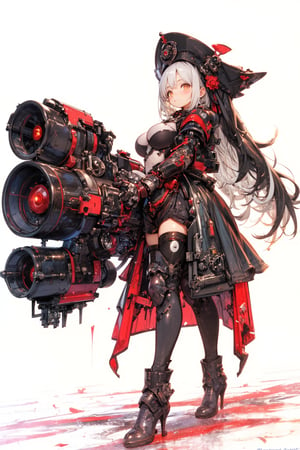 1girl,Anime-style illustration of a fierce young woman wielding an enormous gatling gun. Character: dual-colored hair (long white and black twintails), red flower accessories. Outfit: black and red dress with Chinese-inspired details, thigh-high boots. Expression: determined, slightly cocky smile. Pose: dynamic, holding massive weapon, body turned slightly,
Gatling gun: oversized, futuristic design. Black metal body with red accents and glowing parts. Multiple rotating barrels, complex mechanical details. Gun larger than the character herself.
Color scheme: primarily black and red with white accents. Style: highly detailed anime art, clean lines, emphasis on mechanical designs. Background: plain white, focus entirely on character and weapon.
Additional details: red ribbon-like elements flowing from dress and gun, intricate patterns on clothing and weapon, slight metallic sheen on gun parts. Overall impression: powerful, stylish fusion of traditional Asian aesthetics with futuristic weaponry.,Anime Style,fantasy girl