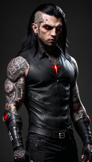Antagonist Design,1 man,badass man,
Ronnie Radke,
long hair,((tattoo on forehead:1.2)),Full body,
A vampire with a beautiful and cool design, ominous red eyes, sickly fair skin, and sharp black armor.,zavy-cbrpn,Watch the World Burn,

