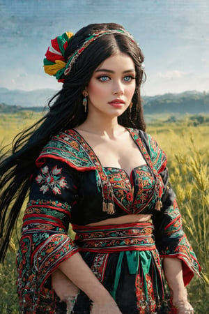 Super detailed, super realistic,beautiful african girl,Curvy body,
She wears old folk costume, long straight black hair,
colorful maria-veil on head,Yakuts folk costume of Siberian minority, beautiful crystal blue eyes, almond eyes, Slouching position, cleavage,intricate textile decorated with colorful and intricate geometric patterns,  decorative embroidery, clothes in earth colors such as black, red and green,beautiful reed meadow landscape,photo realistic 