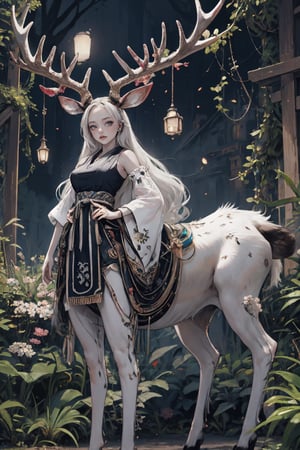female_solo,centau,albino demon girl, curvaceous, masterpiece, breasts, defined, happy,moose antlers,Alabasta
_skin, glow, golden_eyes, white_hair, long_hair,  clear face,traditional Japanese and gothic fashion,
 flawless, flawless face, centaur, taur, 4 legs,3va,deer ear,dark fantasy