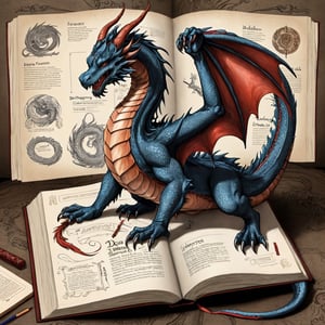 ((Infographics)),ENCYCLOPEDIA,ancient parchment unfolds to reveal a meticulously illustrated dragon, compendium,Each page, delicately crafted with quill and ink, The accompanying text, written in elegant calligraphy, in the style of esao andrews,darkart,drwbk coloring book drawing,Strange Dragon