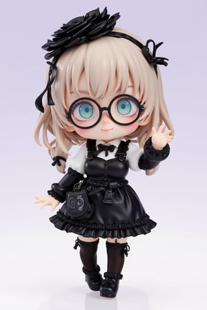 (Cute anime-style chibi figurine),3d figure,Nendoroid,
Create a highly detailed figure, a cute girl,cute smile,
she wears large glasses that protrude from her face,
Her outfit is Gothic Lolita style, featuring a black lace-trimmed dress with black ribbons and frills. She wears thigh-high stockings, black lace gloves, and platform shoes with ribbons,hair is styled in loose curls and adorned with a Gothic headdress,lyh,dal,create figure 2,