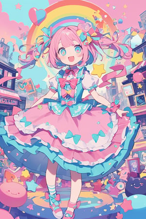  Akiba POP art,yandere girl, themed around fancy cute and kawaii elements Girl,The artwork is vibrant and colorful, bursting with pastel hues and glittery accents. Central to the scene are adorable, wide-eyed characters dressed in frilly, playful outfits, complete with oversized bows, lace, and ribbons. Surrounding them are whimsical elements like floating hearts, stars, and candy, creating a dreamy, fantastical atmosphere. The background features iconic Akihabara landmarks stylized with a fun, cartoonish twist. This art piece exudes a joyful, energetic vibe, perfectly capturing the essence of kawaii culture.,kawaiitech,dal-6 style