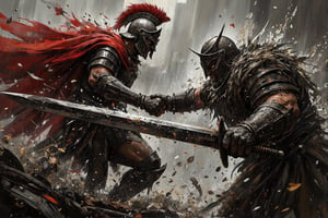 Surreal cinematic scene of fierce sword fight between Spartan hoplite and Viking warrior, heavy rain and howling wind. A Spartan wearing bronze armor, crimson cloak and iconic Corinthian helmet with red plume charges forward with sword, a Viking dressed in leather and fur holds a long Viking sword, both warriors' muscles tense and their faces contorted with fierce determination, rain, water and mud splash violently under their feet, raindrops and sweat splash from their bodies. Dark stormy sky background with flashing lightning. Debris and leaves swirl in the air. Close-up view captures the intensity in their eyes and the detail of their blades. Highly detailed textures of wet armor, leather and shining swords. Dynamic composition with diagonal lines highlighting the clash of blades. Desaturated color palette highlighting metallic grays, crimson reds and steel shine. ,WildfireFury,WildfireFury,Medievalx