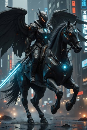 Cyberpunk-style knight on a cyborg horse, digital art. Sleek black cyber-suit with glowing neon blue accents. Imposing black helmet with tinted visor, displaying holographic HUD. Mechanical wings on the back, folded, made of black carbon fiber with exposed circuitry. The cyborg horse is a fusion of organic and mechanical parts, with visible hydraulics and armor plating. Neon lights trace the horse's muscular structure. The knight wields an energy lance, crackling with electricity. Urban night backdrop with towering skyscrapers and flying vehicles. Rain-slicked streets reflect neon signs. Atmosphere is gritty and high-tech. Hyperdetailed textures on the armor and horse's cybernetic parts. Color palette dominated by blacks, silvers, and electric blues. Dynamic pose, suggesting movement and power. Lighting emphasizes the contrast between shadow and neon glow.,Angelic Knight,F-GVA Armour Suit,real robot