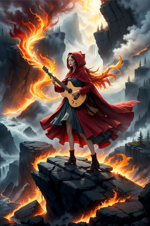 Imagine Red Riding Hood standing atop a cliff, engulfed in flames as she passionately strums her guitar. Her red cape billows in the wind as she stands at the edge of the precipice, pouring her heart and soul into her playing.,Katon