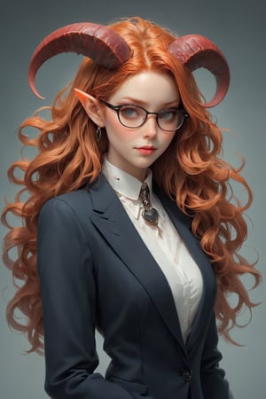 1Little girl, (masterful), albino demon queen, (long intricate horns:1.2),Long red hair,deep cleavage, Girl in a sleek and professional outfit,glasses, embodying the essence of a career woman. She wears a tailored, form-fitting suit in charcoal gray or navy blue, accentuating her slender figure and exuding confidence and authority. Her crisp white blouse adds a touch of elegance, Completing the ensemble are polished heels and subtle yet stylish accessories, such as a sleek briefcase or a statement necklace
,Christmas Fantasy World,ct-niji2