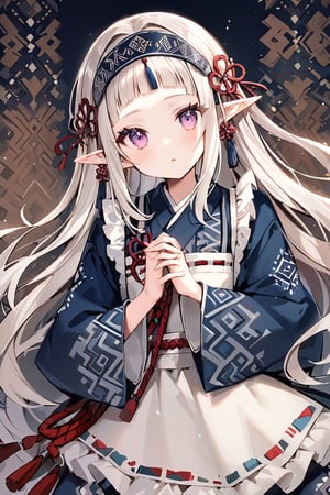  a beautiful elf girl,elf ear, wearing traditional Ainu attire, adorned with intricate embroidery and patterns symbolizing Ainu culture, Her garments include a dress and apron,Completing her look is a unique headpiece that enhances her beauty,With pride in Ainu culture,Misery Stentrem,Nina Aslato