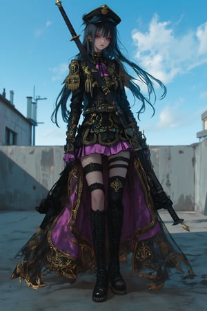 Elegant gothic lolita woman, full body portrait, 8k resolution, photorealistic. Black military style cap with gold trim. Long straight black hair blowing in the wind. Pale skin, heavy eye make-up and serious expression. Wearing a black high collar military jacket with gold embroidery and epaulettes, an elaborate purple and black skirt with an intricate gold chandelier print, a katana sword on her waist, and black lace-up boots. Standing on an abandoned concrete rooftop,blue sky in the background. Cinematic lighting shallow depth of field with focus on subject. Fantasy,dal,ct-animepopstyle