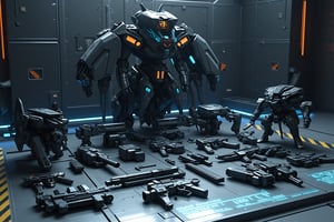 A high-tech military mecha standing behind an impressive array of futuristic weapons, dark angular mecha design with blue energy highlights and tactical armor plating, weapons displayed in organized rows on sleek metallic floor with holographic markings, arsenal includes: massive shoulder-mounted energy cannons with orange plasma cores, tactical rail guns with detailed cooling systems, modular assault rifles with advanced targeting systems, compact defensive turrets with rotating barrels, energy pulse weapons with glowing power cells, heavy ballistic weaponry with mechanical loading mechanisms, all weapons featuring detailed mechanical parts, power cables, energy cells, and military-grade finish, floor displaying illuminated technical specifications and weapon data in holographic blue text, industrial sci-fi environment with dark metal walls and warning stripes, dramatic technological lighting with blue accent lights, subtle energy signatures emanating from weapon cores, professional CGI rendering with detailed materials and textures, photorealistic metallic surfaces with wear patterns, ultra high-resolution showing intricate mechanical details and power systems, cinematic atmospheric effects with subtle fog and light scatter,