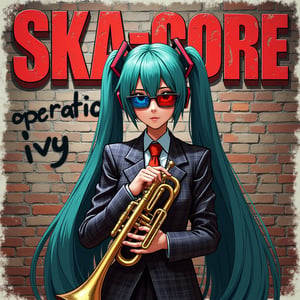 
"Create an album cover for a fictional ska-core band, featuring Hatsune Miku at the center. She is dressed in a sharp, two-tone checkered suit, holding a trumpet. Miku is wearing retro 3D glasses with one red and one blue lens. The background shows a gritty brick wall with graffiti that reads 'operation Ivy'. At the top of the image, bold, stylish text reads 'Ska-core', evoking the energetic spirit of the ska-punk genre."