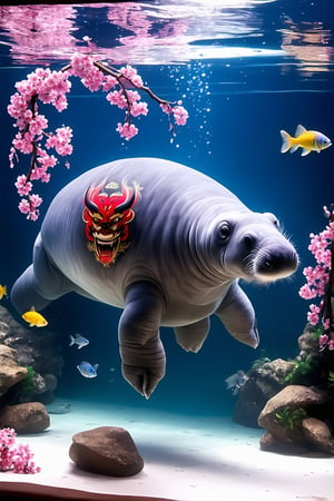 A large manatee floats gracefully in a spacious aquarium tank. Its grey skin is adorned with intricate Japanese-style tattoos. On its back, a fierce oni (Japanese demon) mask is inked in bold red and black, with golden accents highlighting its horns and teeth. Delicate pink cherry blosssom branches with drooping flowers stretch across the manatee's sides, creating a beautiful contrast to the oni. The tattoos appear to shimmer and move with the manatee's skin as it swims. Crystal-clear water surrounds the creature, with small bubbles rising. Soft blue lighting illuminates the tank, enhancing the tattoos' colors. Other fish dart around the manatee, some pausing to investigate the unusual sight. Aquarium 