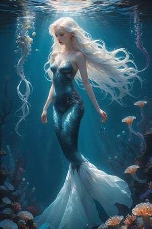 1 girl,In the depths of the ocean, a delicate and ethereal albino mermaid glides gracefully through the azure waters. Her translucent fins shimmer with iridescence as she navigates through a forest of sea anemones, their vibrant tentacles swaying like blossoms in the gentle current. Despite her otherworldly beauty, there's a sense of melancholy about her, as if she's forever searching for something just beyond her reach in the endless expanse of the sea.,underwater,ct-niji2