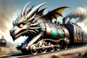 image of dragon train, light,Steam Punk style
(masterpiece), (top quality), (best quality), (official art), (beautiful and aesthetic:1.2), (stylish pose), (fractal art:1.3), (pastel theme: 1.2), ppcp, perfect, in the style of esao andrews,more detail XL,dragon train,AbmSTPD
