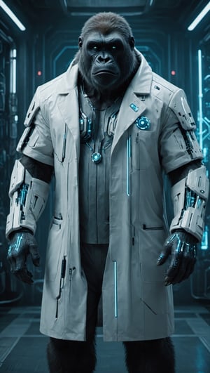 The cyberpunk-style gorilla in a white coat is a striking fusion of nature and technology. The gorilla's powerful physique is accentuated by sleek, metallic cybernetic enhancements embedded throughout its body. Its white coat, reminiscent of a lab technician's attire, contrasts with the cybernetic implants and glowing neon circuits that adorn its form. A visor with augmented reality displays covers its eyes, enhancing its vision and providing vital information in real-time. Despite its imposing presence, there's an air of intelligence and sophistication about the cybernetically enhanced gorilla as it navigates its futuristic environment with ease, perhaps serving as a symbol of the advancements of science and technology in a cyberpunk world.,Cyberpunk Doctor