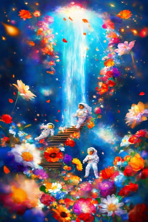 Astronauts surrounded by flowers, Colorful flowers falling like a waterfall, a flood of petals, astronauts landing on a flower star,staircase,astronaut_flowers