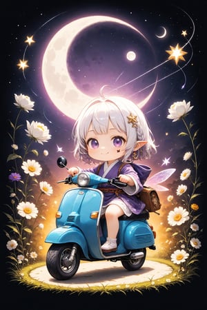 Precise line art, realistic and elaborate pencil drawings,solo, (chibi),fairy tale illustrations,Perfect sky, moon and shooting stars,moon on face, pagan style graffiti art, Kimono girl riding a scooter, hippy van, veichle focus, motor vehicle, Flower,(☆ // purple gradient background),)Star mark hanging on a string:1.2),drawn in the style of a medieval painting,dal-1,lineart,LineAniAF,((Chibi character)),Deformed