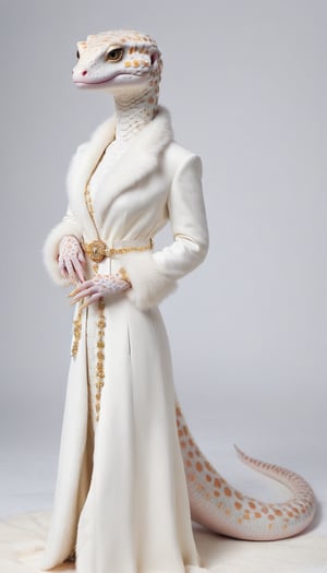 anthropomorphic representation of an albino female leopard gecko, elegantly adorned in a luxurious white fur coat, Envision her with features reminiscent of a gecko, dressed in opulent attire that complements her albino coloring. Picture her exuding a sense of sophistication and regality, blending the charm of a leopard gecko with the allure of high-end luxury fashion,
,WEARING HAUTE_COUTURE DESIGNER DRESS