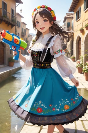 1Girl,Playful Italian girl, in traditional folk costume ,wielding colorful water gun,Ornate embroidered bodice, flowing skirt with regional patterns, lace-trimmed apron. Hair adorned with floral wreath. Joyful expression as she sprays water. Sunlit Italian village square background, ancient stone buildings. Puddles reflecting sky. Dynamic pose, water droplets sparkling mid-air. Blend of tradition and modern fun. Vibrant colors, hyper-realistic details in costume and water effects