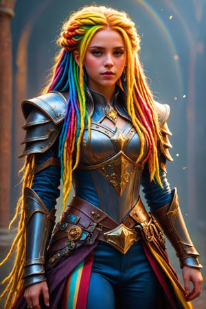 Ultra realistic,Young girl,princess knight,((very long colorful dreadlocks)), seven-colored hair, wearing gorgeous and stylish western style dress suit, gold cuffs, rings,royal knight,dal,Rainbow haired girl ,armor