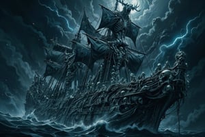 Massive ghostly galleon constructed entirely from human bones and giant skeletons. Towering sails made of translucent, stretched skin. Rigging of twisted sinew and hair. Hull formed by interlocking ribcages and femurs. Deck planks of flattened skulls. Masts are towering spinal columns. Figurehead is an enormous moose skull, antlers spread wide. Skeletal crew frozen in various poses. Tattered black flags with bone motifs. Ship glows with faint, otherworldly blue light. Wisps of spectral mist curl around the vessel. Dark, stormy sea beneath. Lightning illuminates the macabre details. Scale emphasized by tiny normal ships in distance. Hyperrealistic bone textures. Eerie, foreboding atmosphere. Blend of naval and anatomical accuracy with supernatural elements.,Skeletons From Abyss,FuturEvoLabFigure