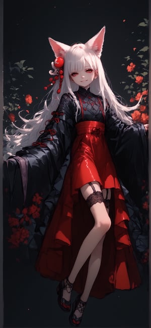 (score_9,score_8_up,score_7_up),Albino fox Girl,animal fox ears,red eyes,long pure White hair,red skirt,goth style luxury layered kimono,hair ornament,Full body,v,smile,goth girl,sagawa,garter straps,YuukiTeitoStyle,Examplelora,Details