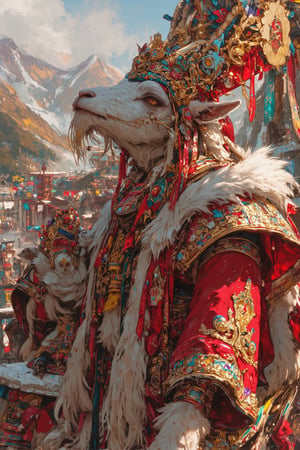 Majestic long-haired goat, adorned in opulent Tibetan wedding attire, Lustrous white coat cascading to the ground, meticulously groomed and adorned with intricate braids and golden threads woven throughout,

Headpiece: Elaborate gold and red crown featuring turquoise and coral inlays. Long silk ribbons in vibrant hues flow from the crown, intertwining with the goat's silky fur,
Facial features: Striking amber eyes, decorated with kohl-like patterns. Beard adorned with small golden bells and colorful beads,
Body attire: Rich red silk chuba (traditional Tibetan robe) embroidered with golden dragons and auspicious symbols. Wide sleeves trimmed with fur and adorned with intricate brocade patterns,
Accessories: Multiple strands of coral and turquoise necklaces drape the neck. Gold-plated hooves. Ceremonial scarf (khata) in white silk draped across the back,
Background: Misty Himalayan peaks, prayer flags fluttering in the breeze. Ornate temple architecture visible in the distance,
Lighting: Soft, golden sunlight highlighting the goat's regal bearing and the rich textures of the costume,
Overall impression: A surreal blend of animal grace and human cultural richness, embodying Tibetan wedding traditions in a whimsical, elegant manner.,furry