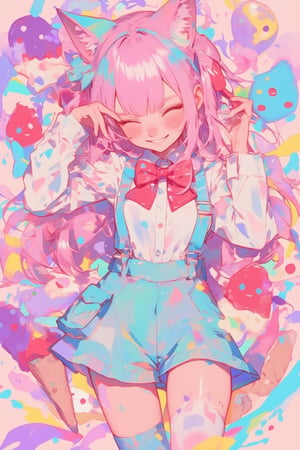 Vibrant colorful anime-style illustration,  cheerful cat girl, long pink hair and cat ears,She's winking playfully, 
round eyebrows,
Wearing a light blue and white outfit with red bow tie,strawberry cake, ice cream cones, and musical notes. Background filled with pastel pink and purple colors. Kawaii style, highly detailed, digital art,Playful and energetic atmosphere. Chibi style elements. Sharp, crisp lines. Bright, saturated colors. 2D art style.,dal style,animaport,lyh,lyh_niji