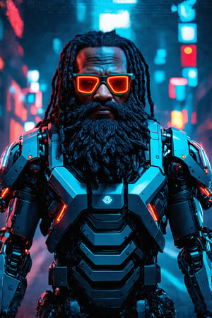 ultra Realistic,Extreme detail photo,1man,
Cyberpunk-style overweight Black cyborg,fat body, Long black dreadlocks, with neon-lit cybernetic implants. Futuristic cyber sunglasses with holographic display. Long beard adorned with glowing LED lights in various colors. Bulky frame with visible mechanical parts integrated into dark skin. Wearing sleek, high-tech body armor. Robotic arm with exposed circuitry. Urban neon-lit background. Photorealistic style with sci-fi elements. 8K resolution, focus on facial features and cyborg enhancements. Blend of human and machine aesthetics