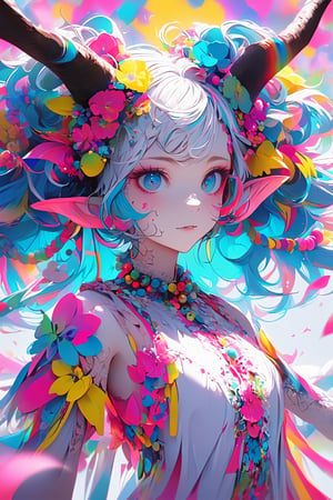 ultra Realistict, demon girl, (Complex Longhorn: 1.2) ,crazy alternate hairstyle, amazingly intricately (dreadlocks) hair,colorful color hair, each braid painstakingly created,decorated with delicate accessories and beads,aesthetic,Beautiful Blue eyes, ,Rainbow haired girl ,bj_Devil_angel,dal-1