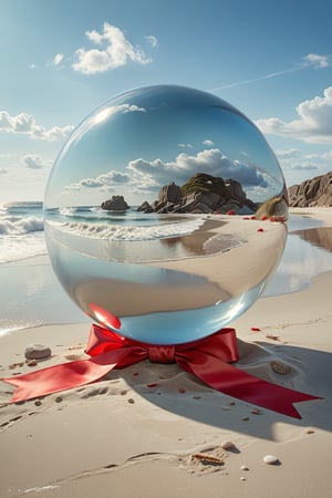 Surrealist watercolor painting. Pristine beach with soft, sandy shores and gentle waves. Enormous glass sphere, perfectly transparent, resting on sand. Oversized red ribbon wrapped around the sphere, flowing and billowing in imaginary wind. Distorted reflections in glass, merging sky and sea. Dreamy, muted palette for beach, vivid red for ribbon. Subtle watercolor textures, wet-on-wet technique. Magritte-esque juxtaposition of reality and fantasy. Thought-provoking, whimsical scene