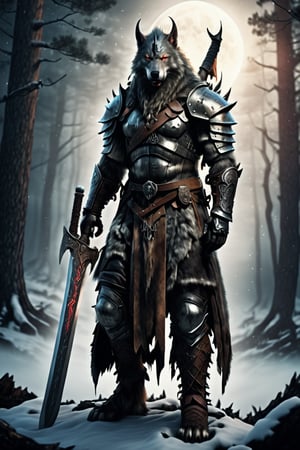 Werewolf warrior in Viking attire,wolf face, massive greatsword resting on shoulder, fur-trimmed leather armor, Norse runes on blade, standing amidst ancient pine forest, misty atmosphere, moonlight filtering through branches, glowing amber eyes, wolf-like features, battle-scarred, muscular physique, braided beard, iron helmet with horns, snow-covered ground, distant howling, photorealistic style, dramatic lighting,LegendDarkFantasy,kawaii knight,cyborg,royal knight,werewolf