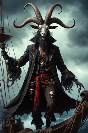1 man,cool monster,
Baphomet, a demonic being, black goat head demon, a demon dressed as a pirate, a pentagram painted on it and a tattered coat, exuding a sinister mystery, Prowling the deck of a bewitched ship, Baphomet embodies the sinister allure of the pirate and his eternal hunger for souls,LegendDarkFantasy,pirate,monster, in the style of esao andrews