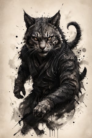 Elder Khajiit rendered in sumi-e style, fierce eyes, glaring intensely at viewer, face partially wrapped in tattered cloth, Bold, expressive brush strokes capturing fur texture and facial features. Dripping ink creating sense of gritty atmosphere. Minimalist background with ink splatters. Blend of traditional Japanese ink painting and dark urban aesthetic. Powerful contrast between black ink and white paper. Emanating aura of strength and defiance,ink