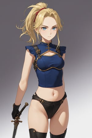 boyish girl,15yo,Beautifully detailed blue eyes,Almond Eyes,round eyebrows,
navel, underboob,chest binder,Thick ponytail hair,Blonde,wearing spats.,leg pouch,dagger,
A beautiful assassin with a dagger at the ready, listening attentively to her enemies.,elegg,ani_booster