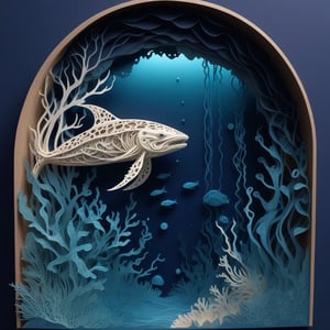 Intricate multi-layered paper cut art, depicting a mesmerizing deep-sea scene. Gradients of blue from navy to aquamarine. Bioluminescent creatures glow in the darkness. Delicate jellyfish tendrils, ornate coral structures, and schools of fish cut in silhouette. Sunbeams pierce through water layers. Textured paper creates depth and shadows. Whale skeleton on seafloor. Bubbles rise between layers. Fine details in tentacles and fins.,papercut