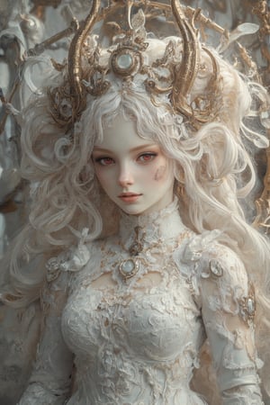 (long intricate horns:1.2) ,albino demon girl with enchantingly beautiful, alabaster skin, A benevolent smile,girl has Beautiful red eyes,soft expression,Depth and Dimension in the Pupils, white eyelashes, Her porcelain-like white skin reflects an almost celestial glow, highlighting her ethereal nature,Every detail of her divine lace costume is meticulously crafted, adorned with jewels that sparkle with a divine radiance, Capture the subtle intricacies of the lacework, emphasizing the delicate patterns that complement her unearthly features. From the curve of her horns to the flowing elegance of her dress, every aspect contributes to an aura of supernatural allure. The jewels, carefully placed, create a mesmerizing dance of light that enhances her divine presence, Consider the composition to portray her in a setting that complements her celestial beauty, whether it's a moonlit garden or a mystical realm, Illuminate the scene with soft, enchanting light to accentuate the magical and mysterious atmosphere,The overall goal is to evoke a sense of wonder and captivation, celebrating the unique and transcendent beauty of this albino demon gir,watercolor \(medium\),PorcelainDollPrincess,Paulina2